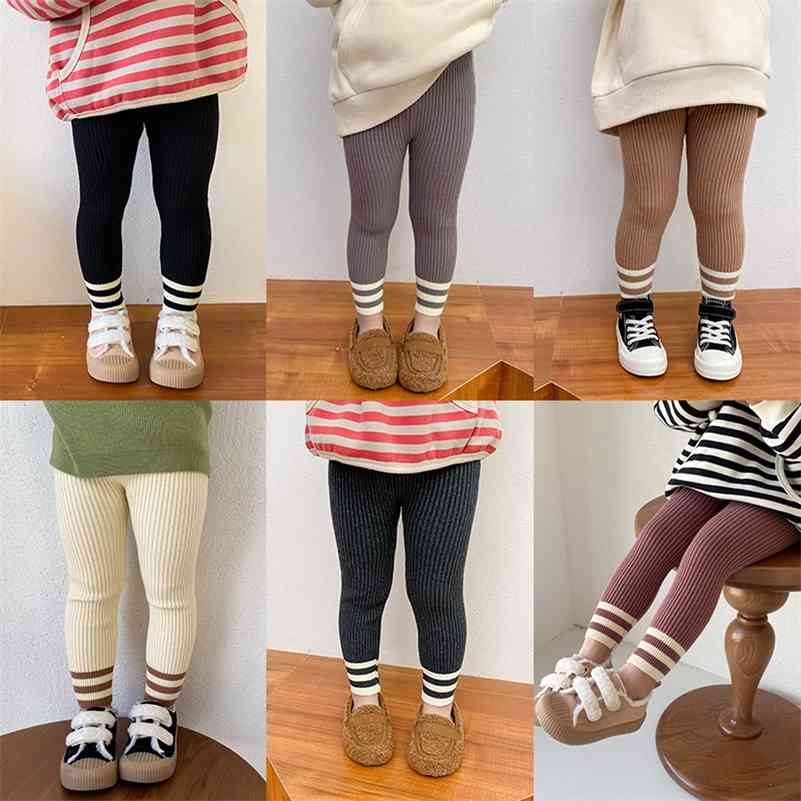 

Winter girls fashion knitted striped leggings warm all-match high elastic skinny base casual pants 210708, Black