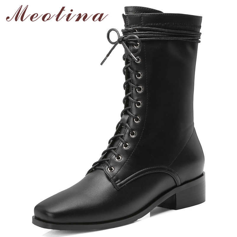

Meotina Real Leather Boots Women Natural Genuine Leather Thick Heels Mid Calf Boots Zipper Square Toe Shoes Ladies Autumn 34-39 210608, Black