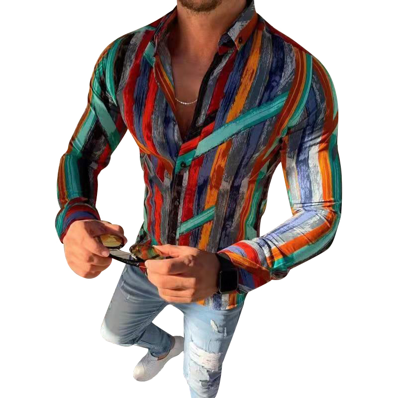 

2021 More Fashionable Striped Men's Impression Colored Thin Fit Sings Social Business Lapel Button Long Manly Blouse Autumn Clothes M19e, Red