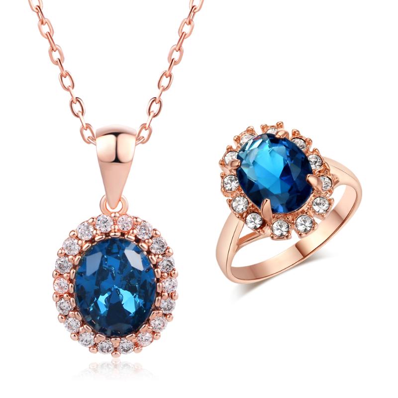 

Earrings & Necklace ZHOUYANG Top Quality ZYS109 Rose Gold Color Blue Austrian Crystal Jewelry Set With 2 Pcs 1 Ring +, Silver