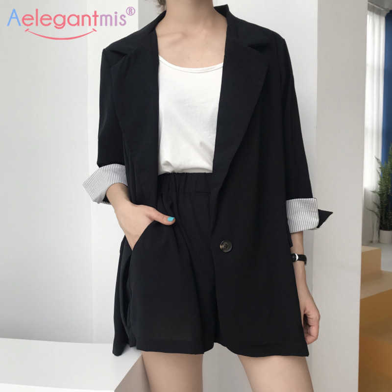 

Aelegantmis Office Lady Three Quarter Blazer 2 Piece Set Women Shorts Female Suit Sets OL Business Short Pants Korea 210607, Blue