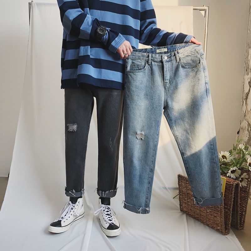 

2021 New Pure Color Jeans Men's Korean Version of Loose Retro Foot Pants Harajuku Street Fashion Ripped Raw Ees Ankle-length Trousers Qbsd, Blue
