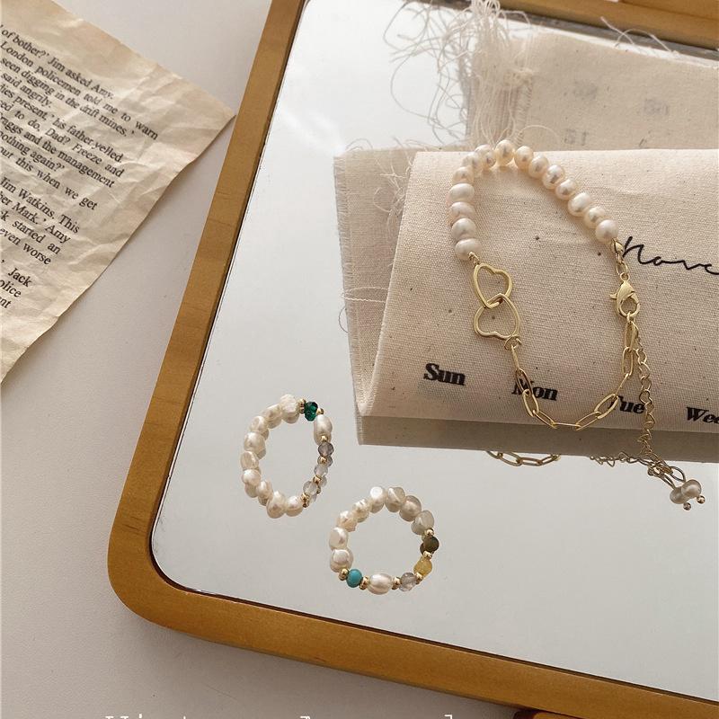 

Wedding Rings Korean Vintage Freshwater Pearl Charm For Women Minimalist Gold Color Beaded Natural Stone Adjustable Ring Accessories