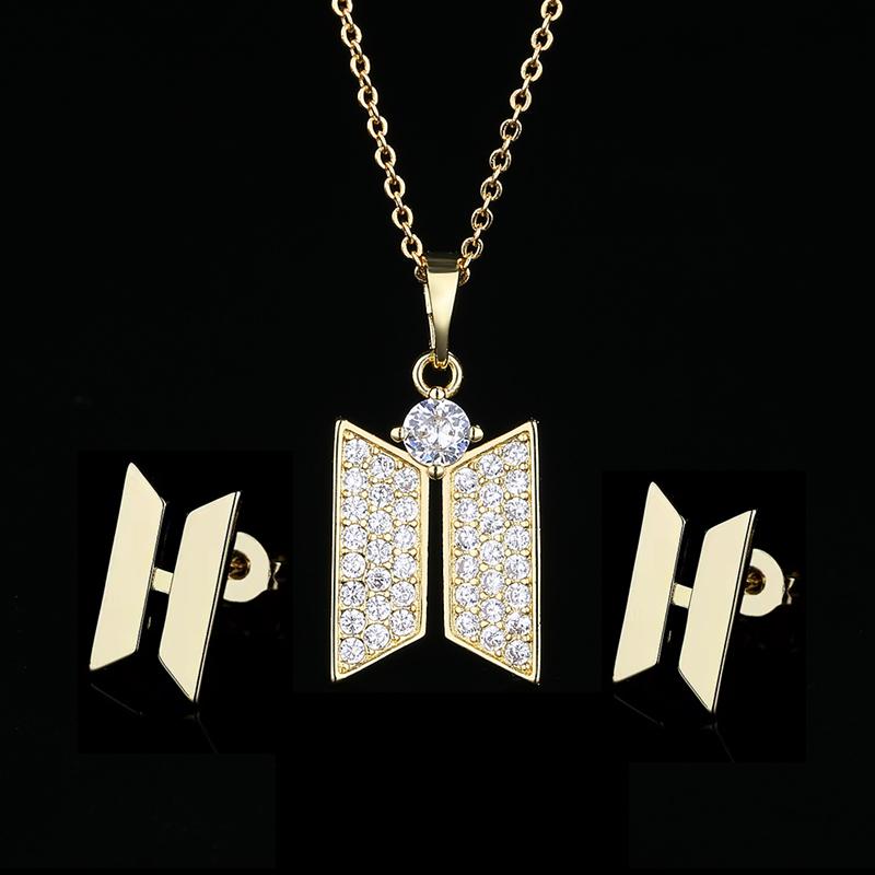 

Earrings & Necklace Kpop Bangtan Boys LOGO Gold Chain Chokers Set 2021 Zircon Charms Pendant Fashion Jewelry Gift, Silver