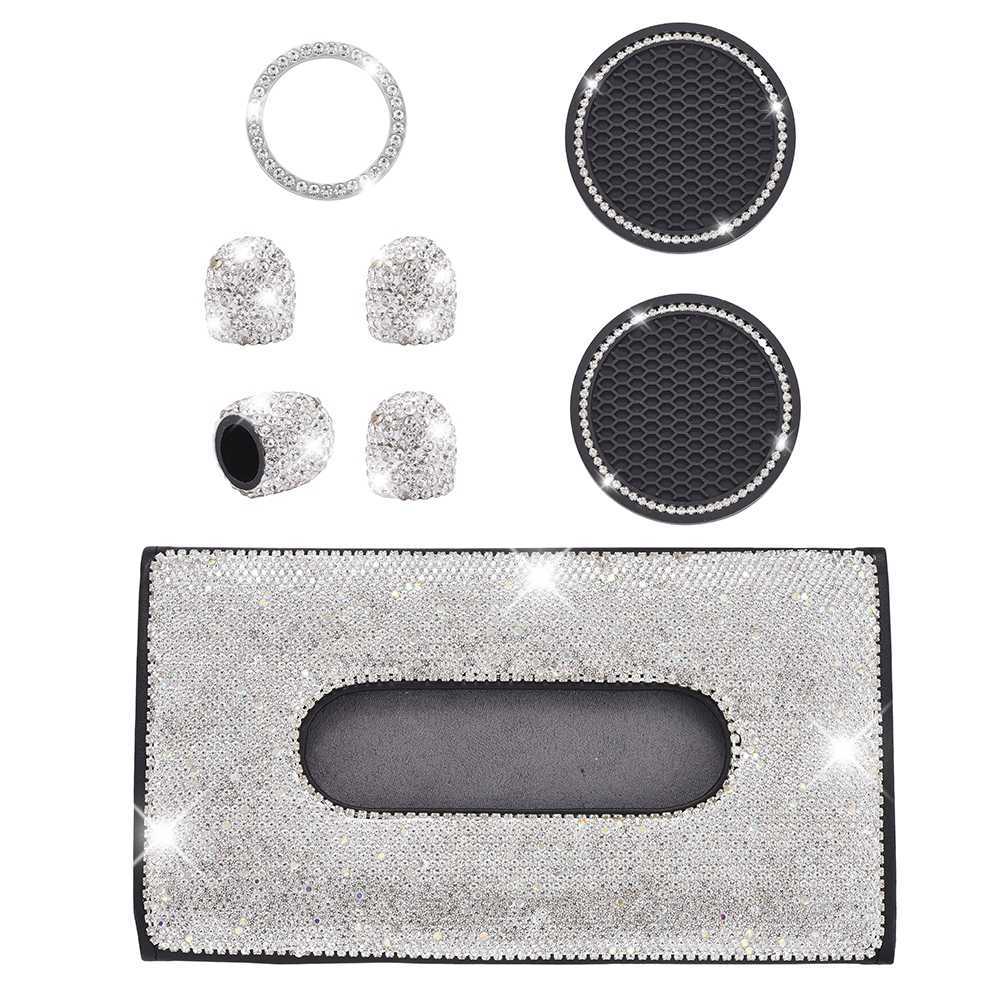 

8 Pieces Bling Crystal Car Accessories Set Includes Car Visor Tissue Holder, Ring Emblem Valve Stem Caps Coasters