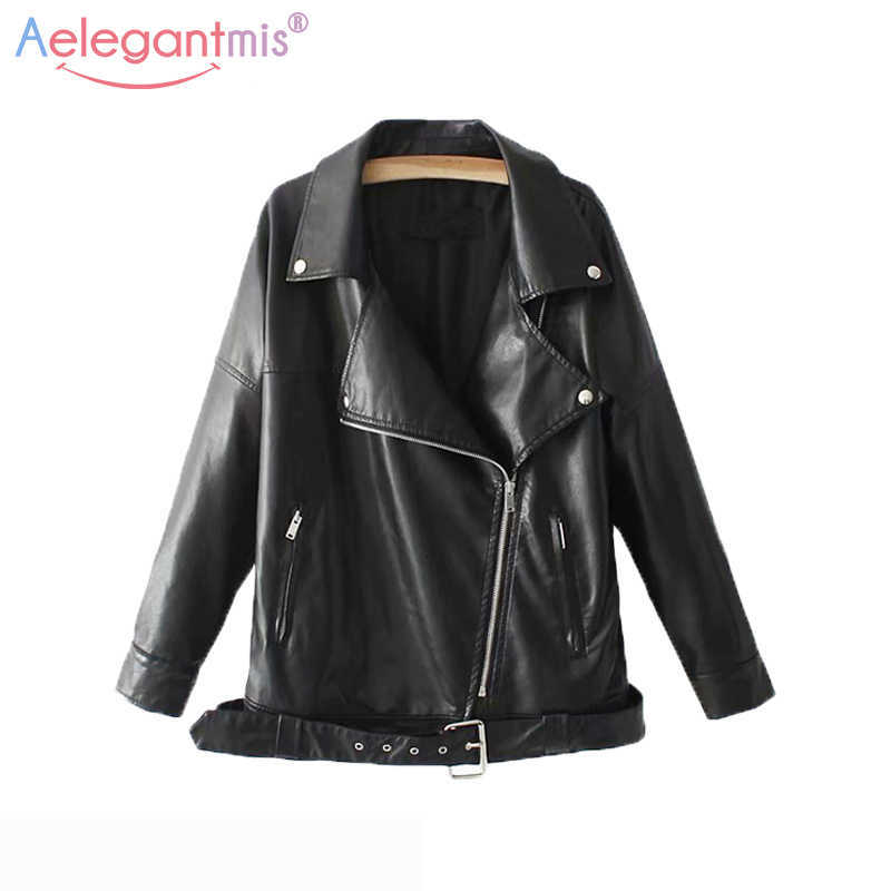 

Aelegantmis Black Loose Long Pu Leather Jacket Soft Faux s Ladies Street Casual Motorcycle Biker Coat 210607