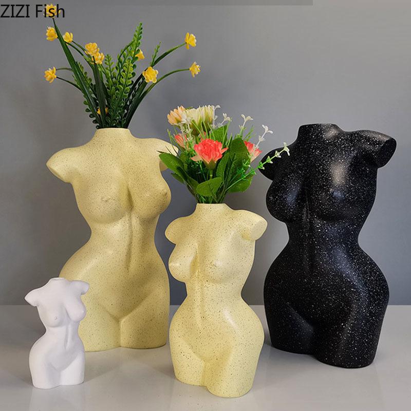 

White Spots Texture Resin Vases Body Art Bust Statue Desk Decor Flower Insert Ornaments Crafts Vase Home Decoration Modern