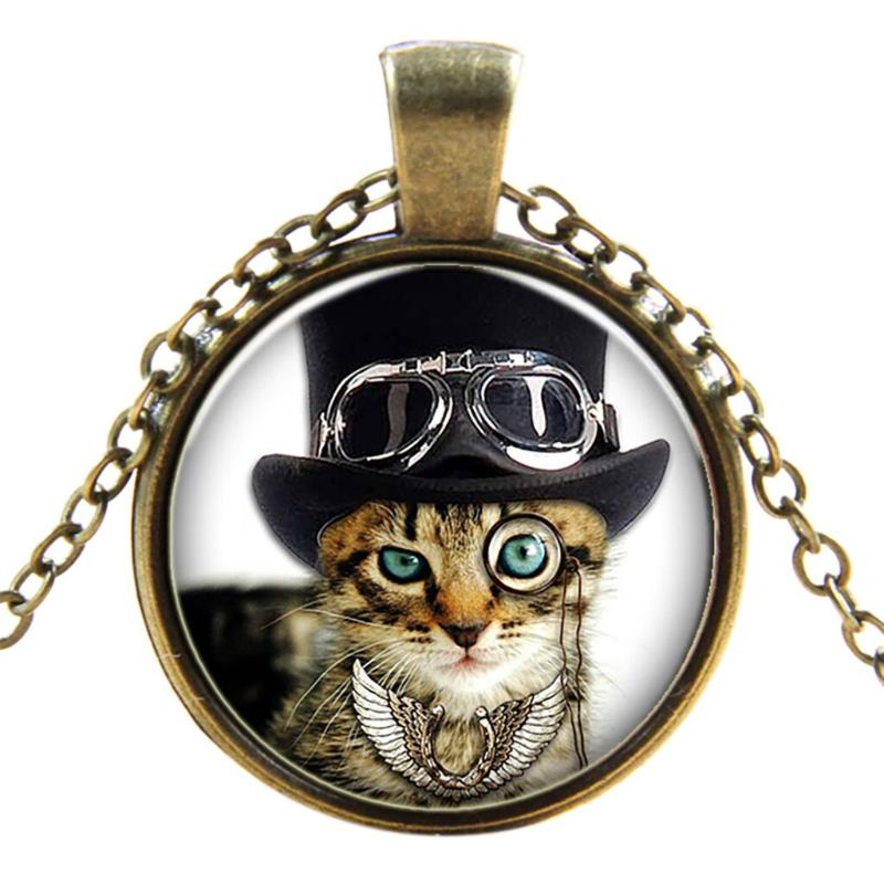

Chains Necklace Punk Jewelry Retro Cat Ladies Round Black Cool Glass Fashion Necklaces & Pendants, Silver