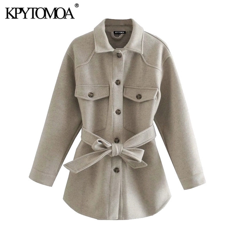 

KPYTOMOA Women Fashion With Belt Loose Woolen Jacket Coat Vintage Long Sleeve Side Pockets Female Outerwear Chic Overcoat 211029, As picture