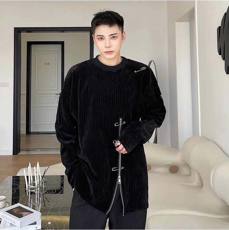 

Men Zipper Corduroy Pullover Sweatshirt Man Hip Hop Loose Casual Sweatshirts, Black