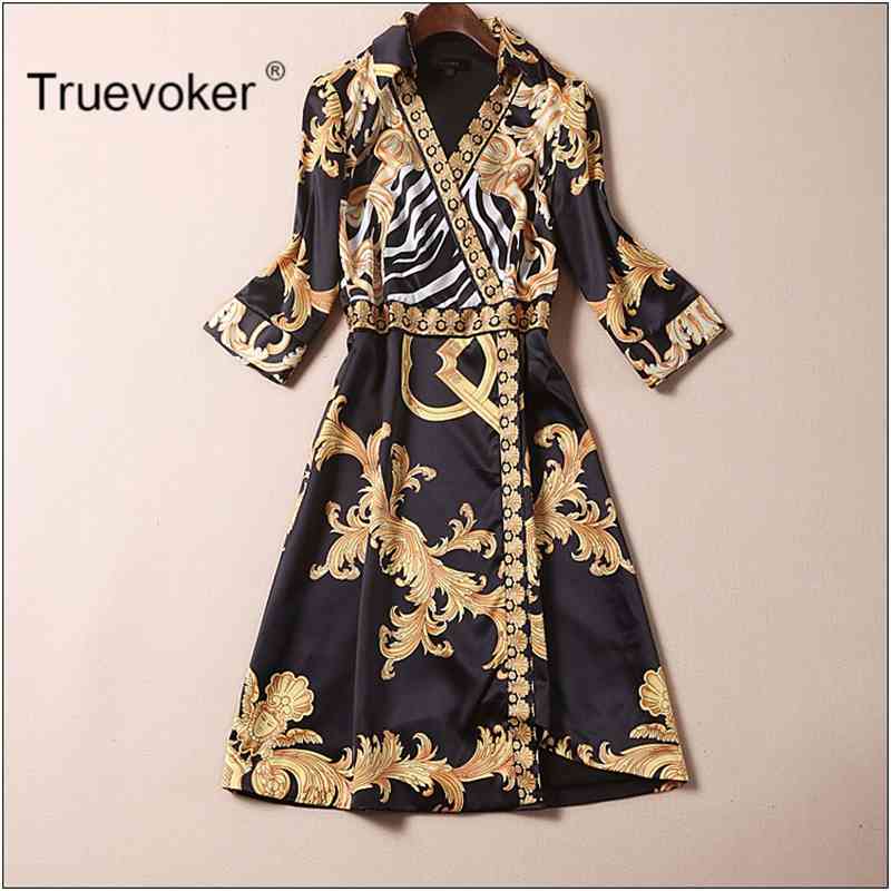 

Truevoker Summer Designer Dres Turn Down Collar 3/4 Sleeve Royal Baroque Printed Vintage Plus Size 2XL 210602, Blue