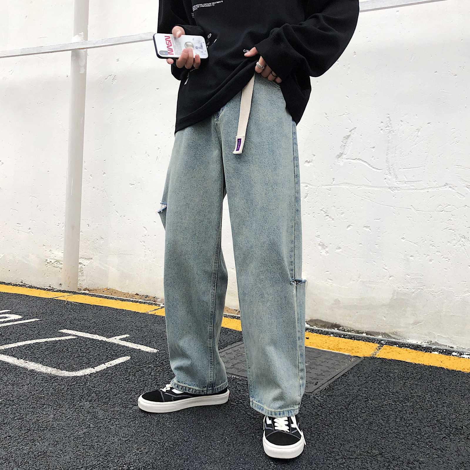 

2021 New Men's Holes Wide Legs Leisure Baggy Homme Casual Pants Cargo Pocket Classic Jeans Straight Biker Denim Trousers S-2xl R5o8, Blue