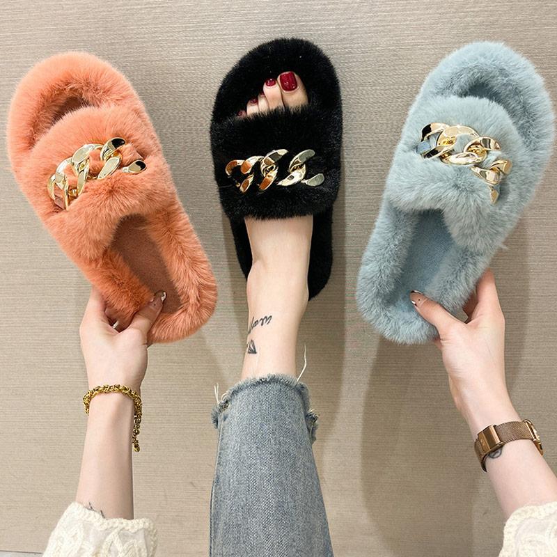 

Slippers Women Female Metal Chain Flock Short Plush Open Toe Flat Home Shoes Ladies Winter Indoor Shoe Casual Women's Footwear, Orange
