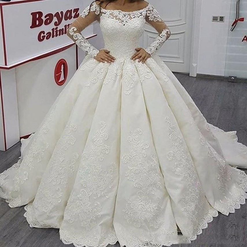 

Custom Made Long Sleeves Lace Ball Gown Wedding Dresses with Appliques Scoop Neck Sweep Train Lace Up Back Tulle Wedding Bridal Gowns, Black