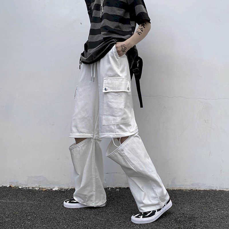 

straight cargo trousers Korean high street personality women and men loose two-wear wide-leg pants Removable casual 210526, White