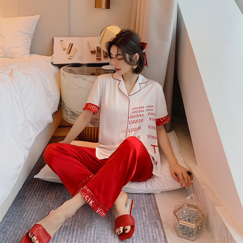 

Red Spring Autumn New 2pc Pajamas Female Collar Shirt&pant Sleepwear Letter Home Wear Loose Nightwear Zh84, Black