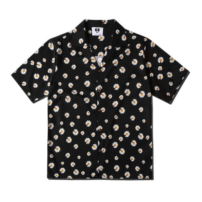

Men' Casual Shirts 2021 Harajuku Vacation Hawaiian For Men Loose Summer Short Sleeve Black Daisy Print Tops Hip Hop Camisa Masculina, Eu size