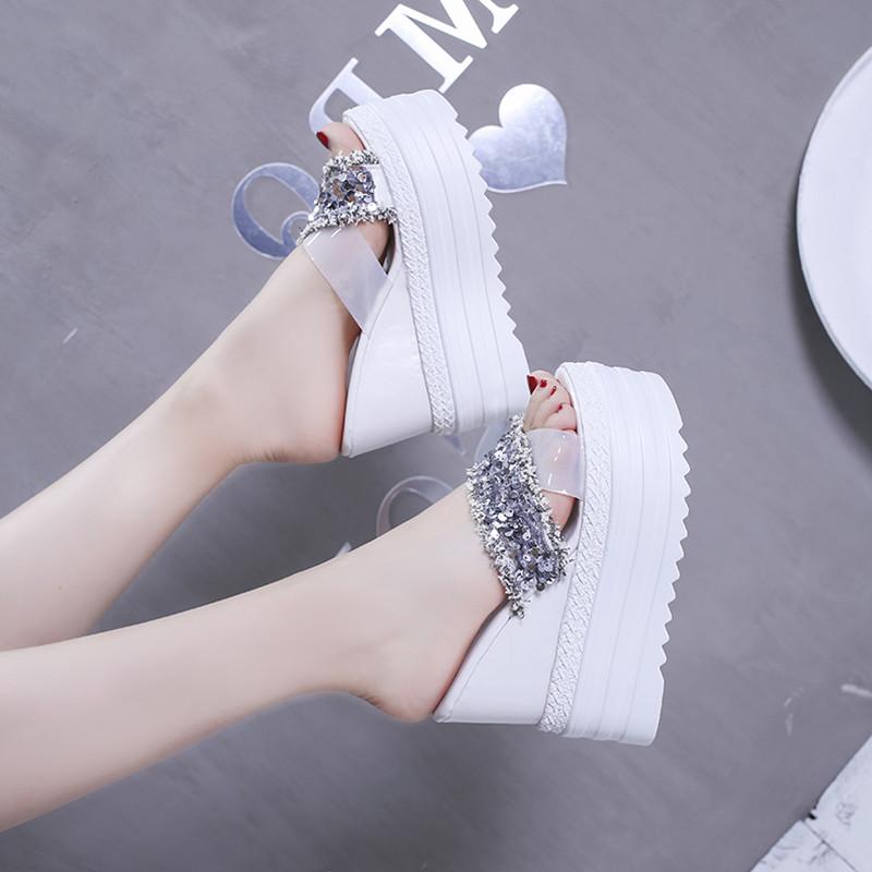 

House Slippers Platform Female Shoes Slides Women Heels Fashion Fringe On A Wedge 2021 High Luxury Cotton Fabric PU Bling Scanda