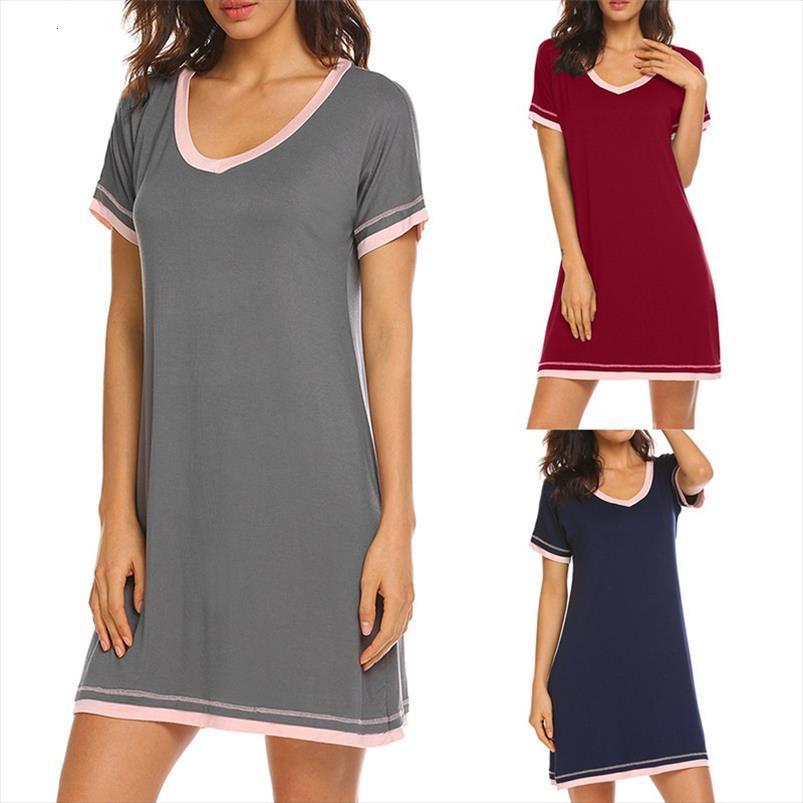 

spring and summer nightdress comfortable women sleepwear round neck loose contrast color cotton short sleeved home service night dress, Black;red
