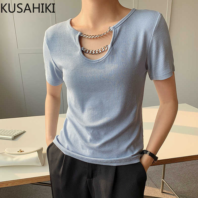 

KUSAHIKI Summer Knitted Graphic T Shirt Korean Chain O-neck Short Sleeve Top Tees Causal Solid Baisc TShirt Femme 6H866 210602, Blue