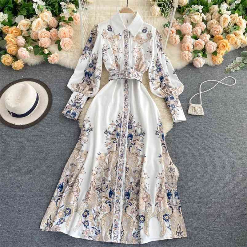 

Fitaylor Spring Autumn Women Vintage Notched Collar Puff Sleeve Long Dress Single Breasted Floral Print with Belt 210701, White