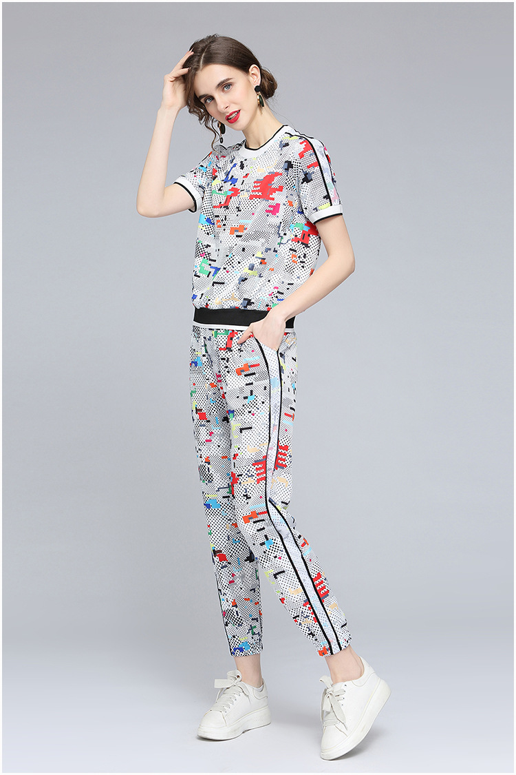 

S-4XL 2021 Fashion Women's Two Piece Pants Short Sleeve T-Shirts and Pencil Pant Wear Set 100% Polyester Printing Casual Sets, White