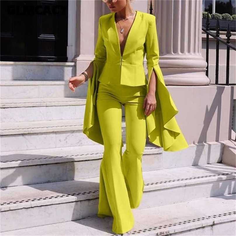 

Women 2 Piece Matching Outfit Set Flare Sleeve Plunge V-neck Top & High Waist Bodycon Wide Leg Pant Sets Chic Office Lady Suit 211106, Black