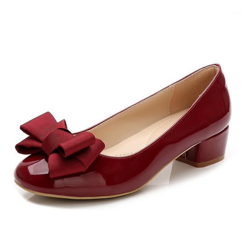 

Small Size High Heel Shoes Thick With Round Head Single Female Bow High-heeled Patent Leather Wine Red Wedding Woman Dress, Black