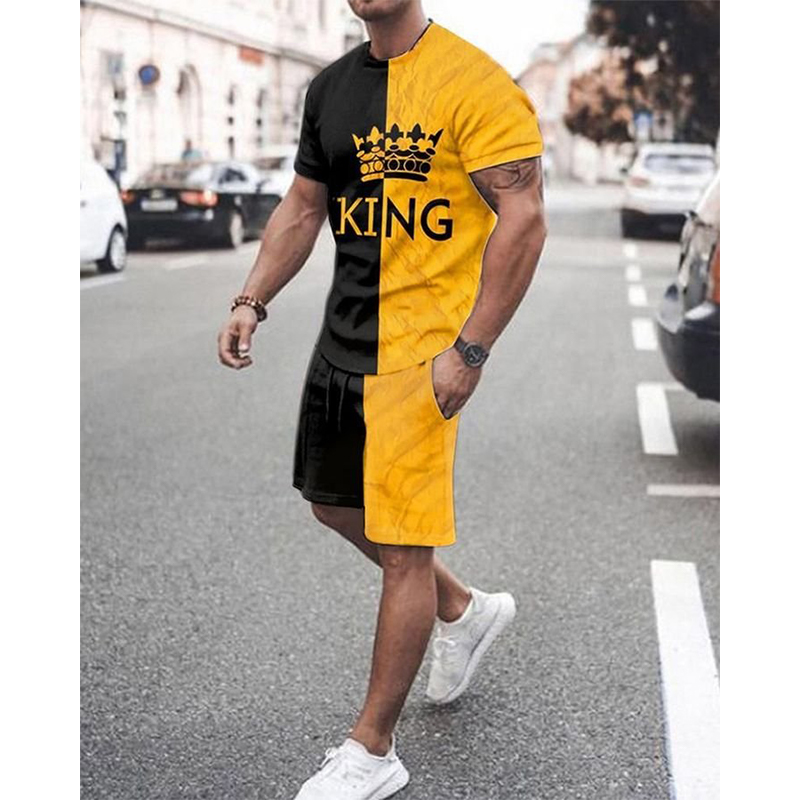 

Men Plus Tees Tracksuits Crown Pattern Suit Shortsleeved Tshirt with Shorts Comfortable Breathable and Dry Daily Leisure Sports, Style 1