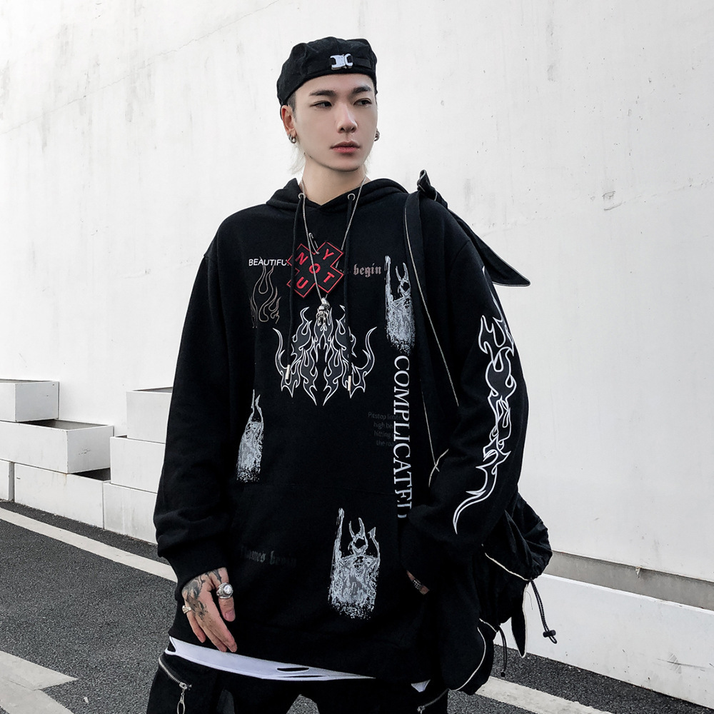 

Sweatshirts Dark black abstract printed mens high street fashion brand loose long sleeve BF lazy round neck Hoodie