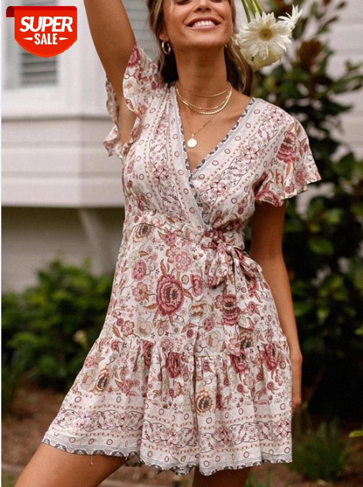 

Women Summer Mini Dress with Sashes Print Short Sleeve Bohemian V-Neck High Waist Dress Beach Casual Sexy Femme Party #Io9g, Black;gray