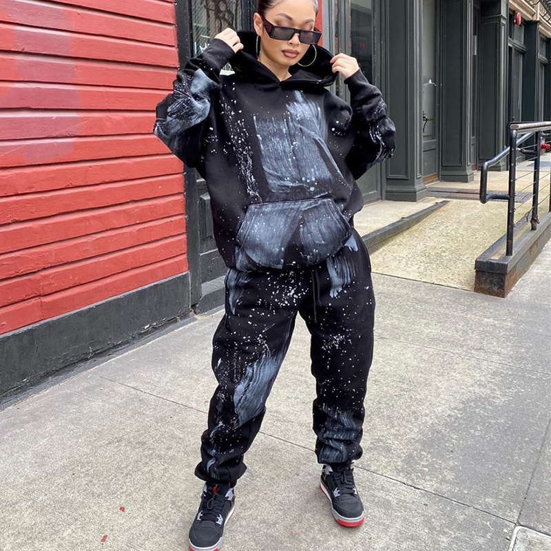 

2021 Black Starry Sky Print Halloween Long Sleeve Hoodies Sweatshirt Sweatpant Women Two Peice Set High Street Casual Loose Plus Size Zyql, Beige