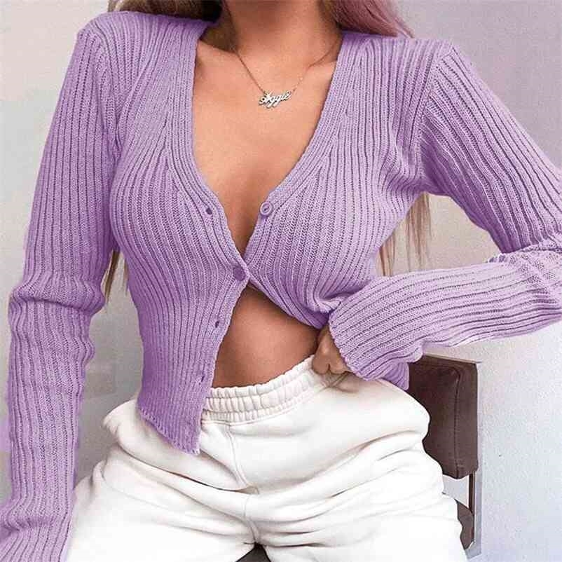 

Paris Girl Women Short Cardigan Knitted Sweater Cardigans Autumn Winter Feminine Casual Long Sleeve V-Neck Jumper Button Coat 210524, Purple