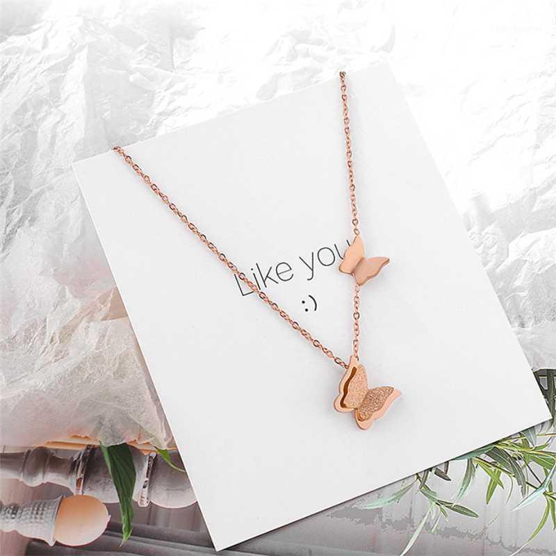 

Chains 316L Stainless Steel Fashion Upscale Jewelry Matte 2-layer Butterfly Choker Charms Rose Gold Chain Necklaces Pendants For Women, Silver