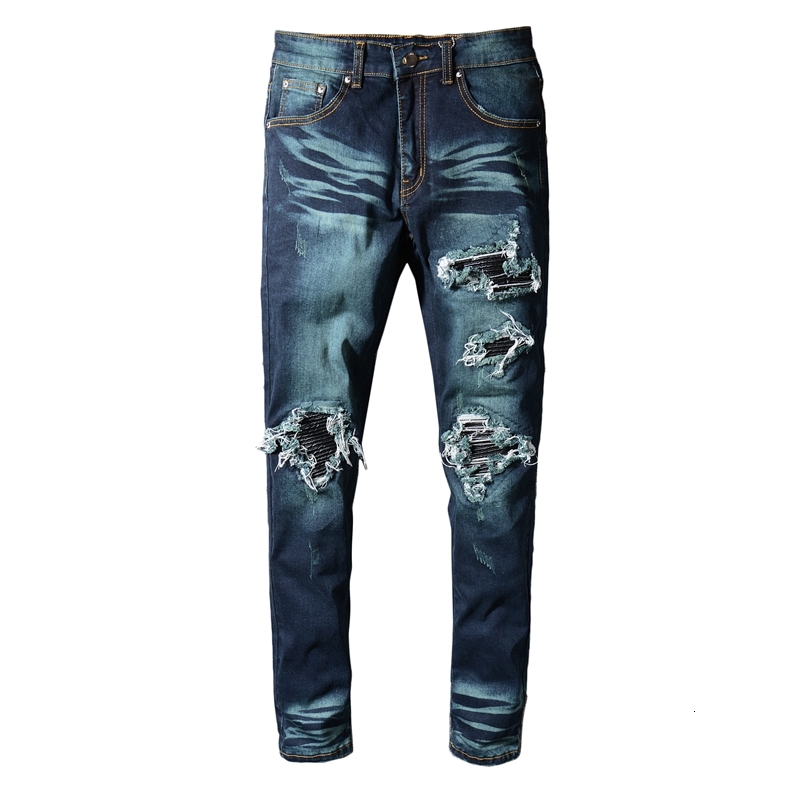 

2021 New Men's Male Trousers European American Street Fashion Brand Autumn Ripped Pu Patch Jeans Stretch Slim Denim Pants Ezm9, Blue