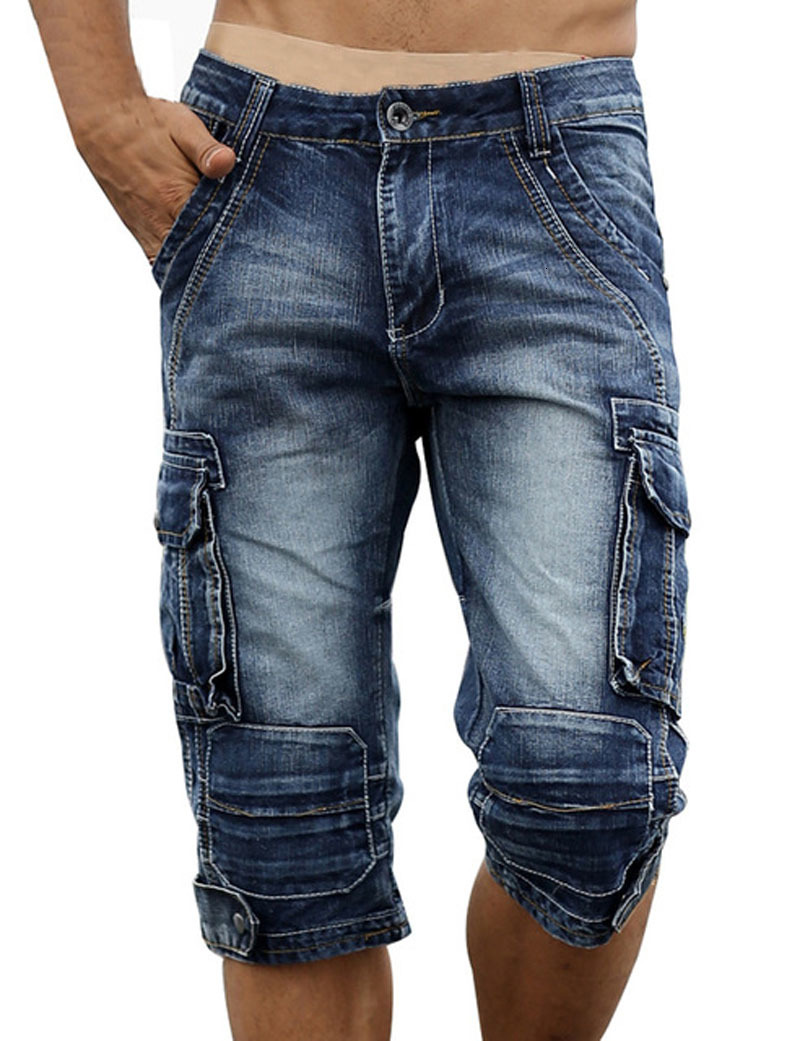 

2021 New Men's Male Summer American Retro Washed and Worn Workwear Jeans Multi-pocket Casual Denim Cropped Pants Over the Knee Hcka, Light blue 1