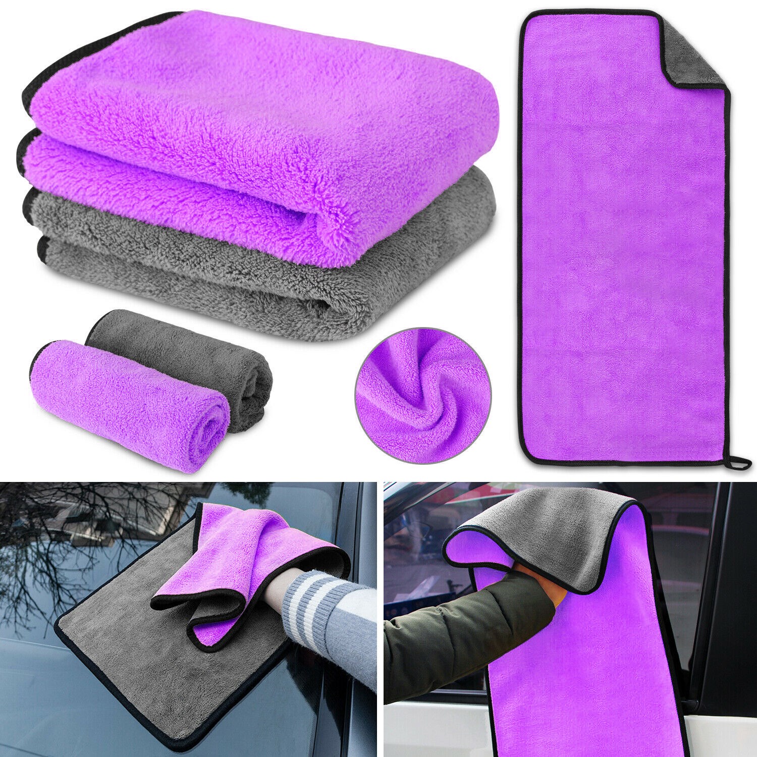 

Quick Drying Extra Thick Rags Softer Absorbent Car Cleaning Towels Purple Microfiber Washing Cloths with Double-layer Design