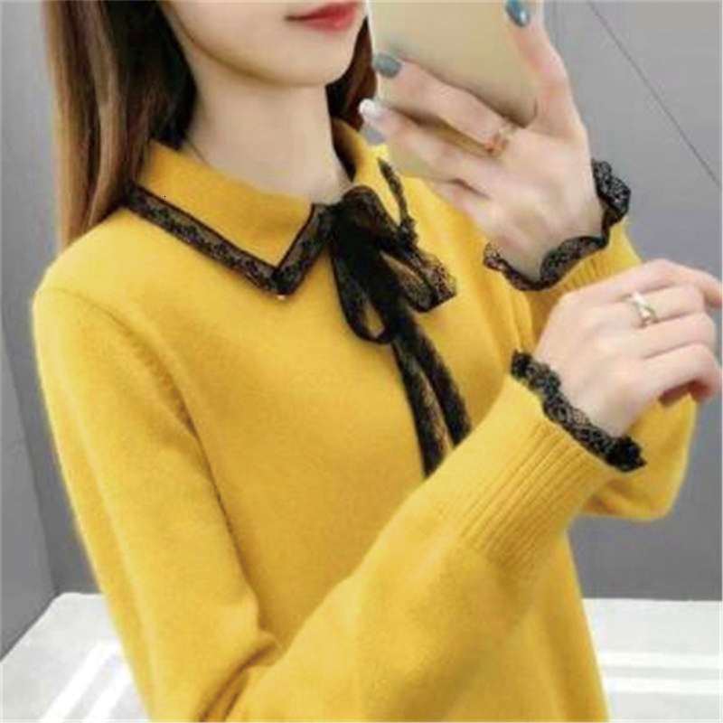 

2021 New Woman Sweaters Autumn Winter Casual Turn Down Collar Lace Long Sleeve Knitting Elegant Slim Fit Basic Women Sweater Jdnb, 05