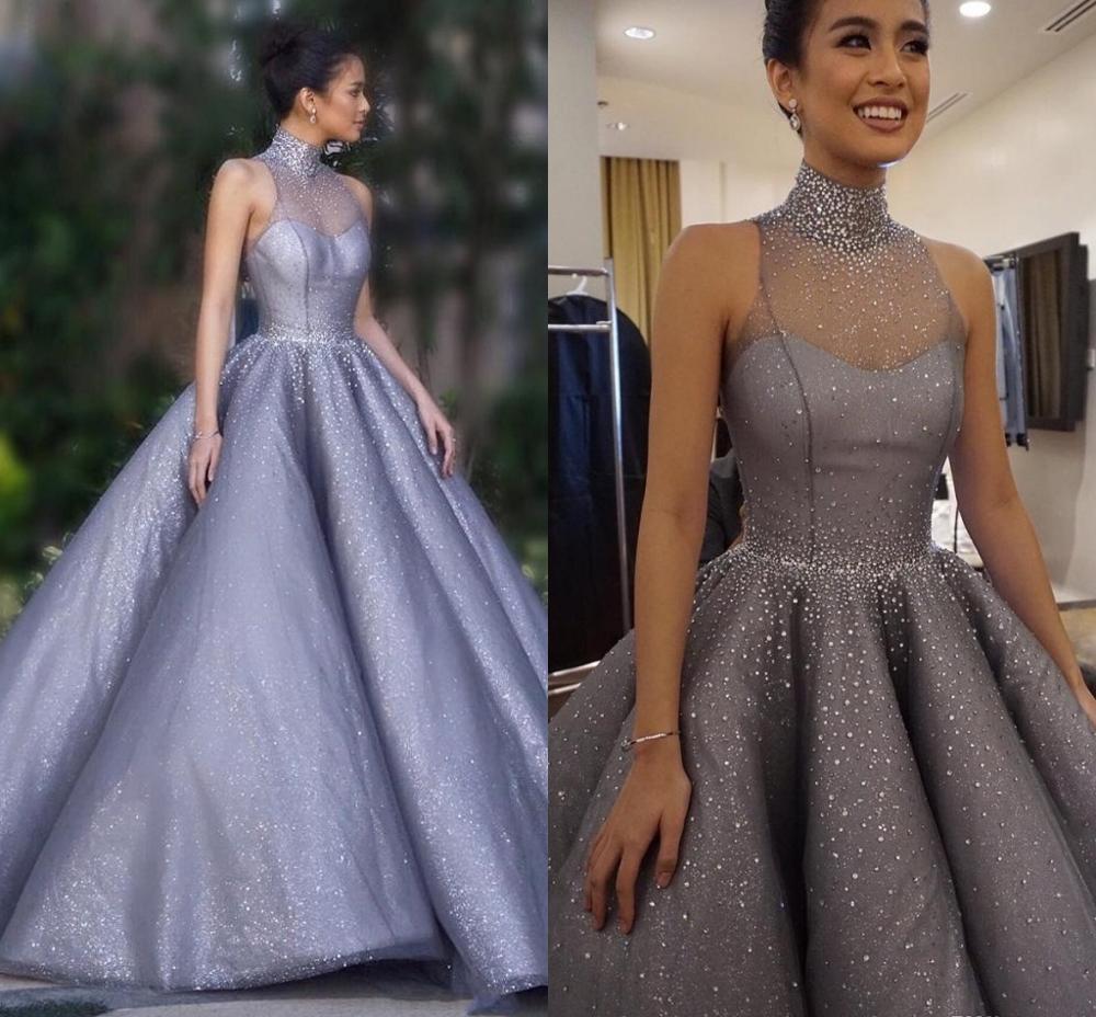 

2021 New Luxury Crystal Sequins Prom Es High Neck Floor Length See Through Back Party Gowns Satin Long Evening Wear Ball Gown M2lm