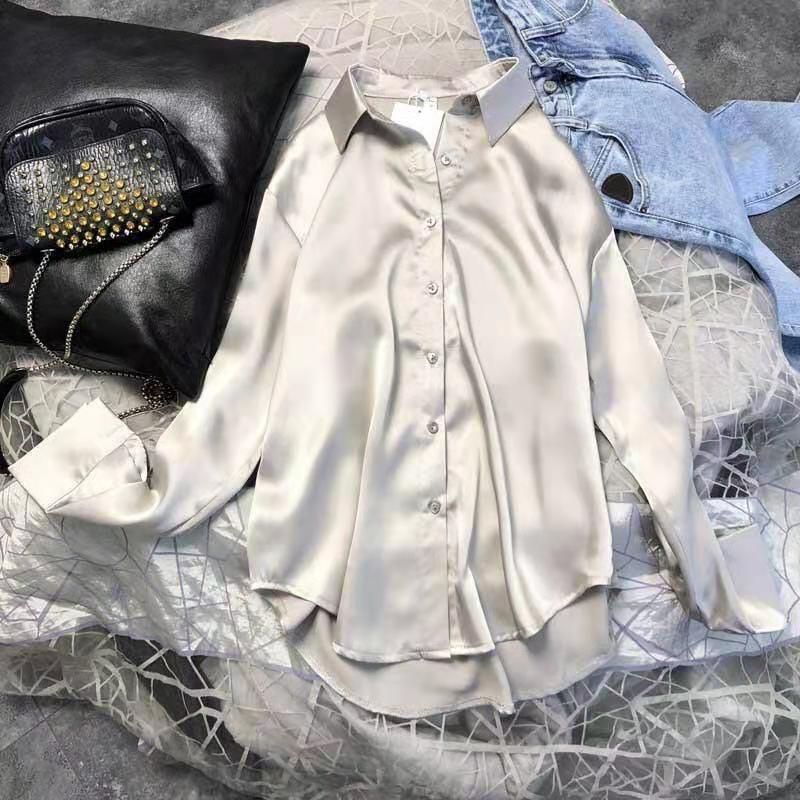 

Spring New Fashion Trend Blouses For Women Soft Smooth Fabric Loose Breathe Oversize Blouse Female Single Breasted Base Shirt, White