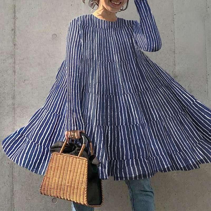 

Casual Dresses Beach Autumn Spring Mini Dress 2021 Women Long Sleeve Striped Sundress VONDA Female Pleated Vestidos Printed Robe Femme, White