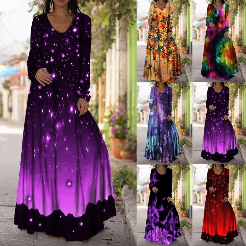 

Casual Dresses 2021 Fashion Stitching Hanging Dye Printing One-piece Long Dress Women Loose Sleeve V-neck Maxi Large Plus, Black;gray
