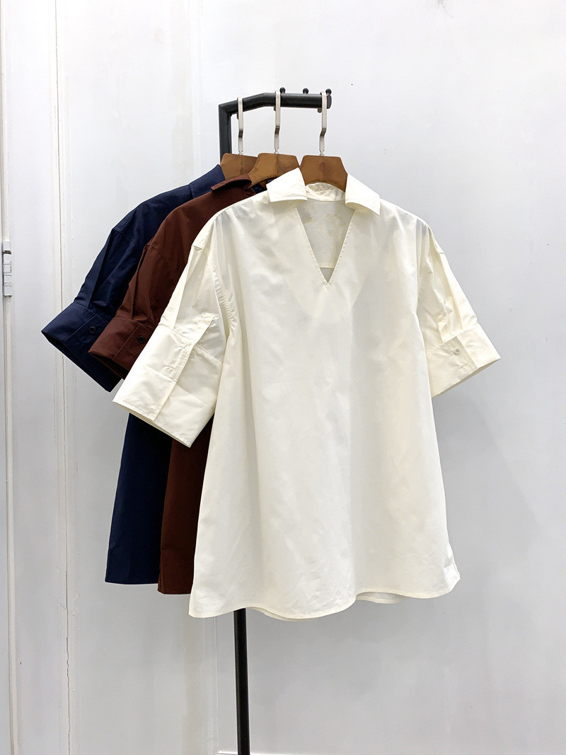 

2021 New Nova Camisa Solta Algodo De Manga Curta Com Decote Em v Senhoras Escritrio Wear Blusa Feminina Seagem Elegante Casual Blusas 8pjq, Black