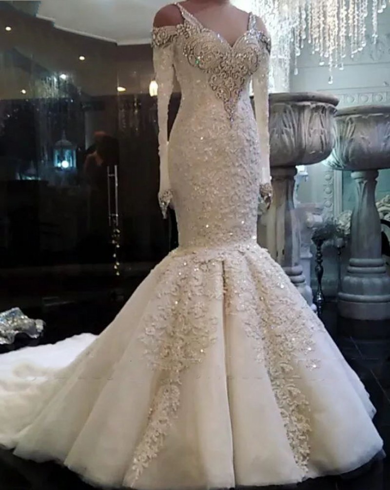 

New Hot Sale Mermaid Long Sleeve Wedding Es 2021 Luxury Crystals Lace Bridal Gowns Sweep Train Vestidos De Mairee Hq8g, White
