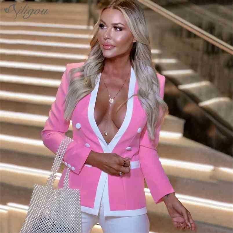 

Aummer Products V-Neck Long-Sleeved Double-Breasted Buttons Pink Patchwork Slim Suit Jacket Ladies Fashion Sexy Coat 210525, Fruit green