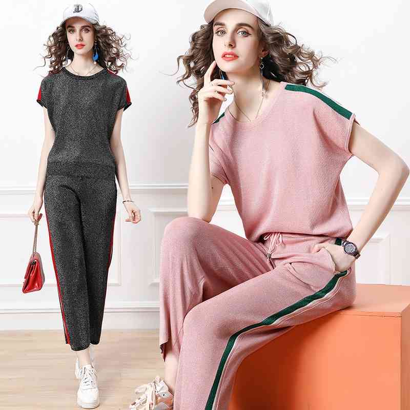 

Banulin Women Casual Shiny Knit Sweater Suit Summer Short Sleeve Pullover Tops and long Trousers Knitting 2 Piece Set 210603, Pink