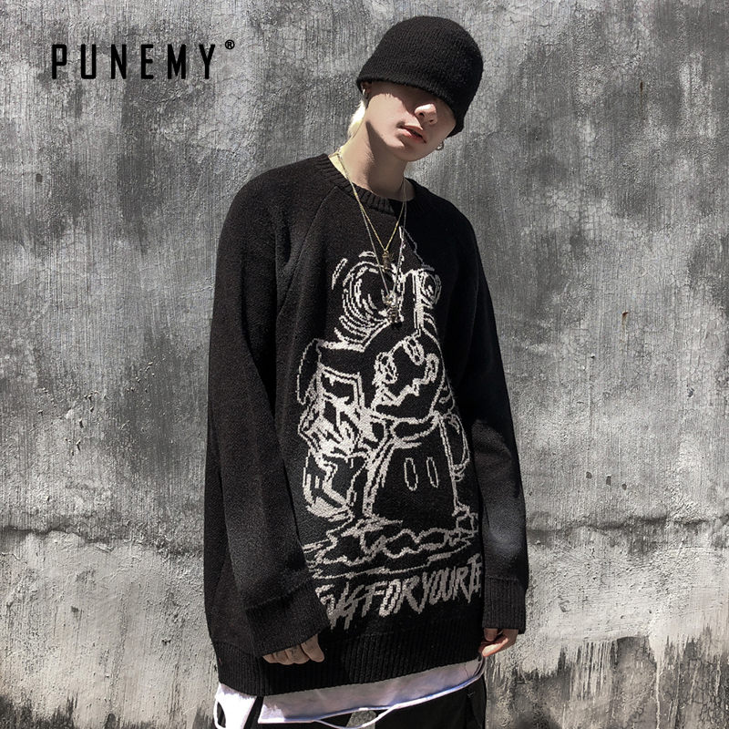 

2021 Harajuku Hip Hop Streetwear O-neck Spandex Oversize Men Clothig Autumn New Fashion Couple Mens Sweater E6d1, Black