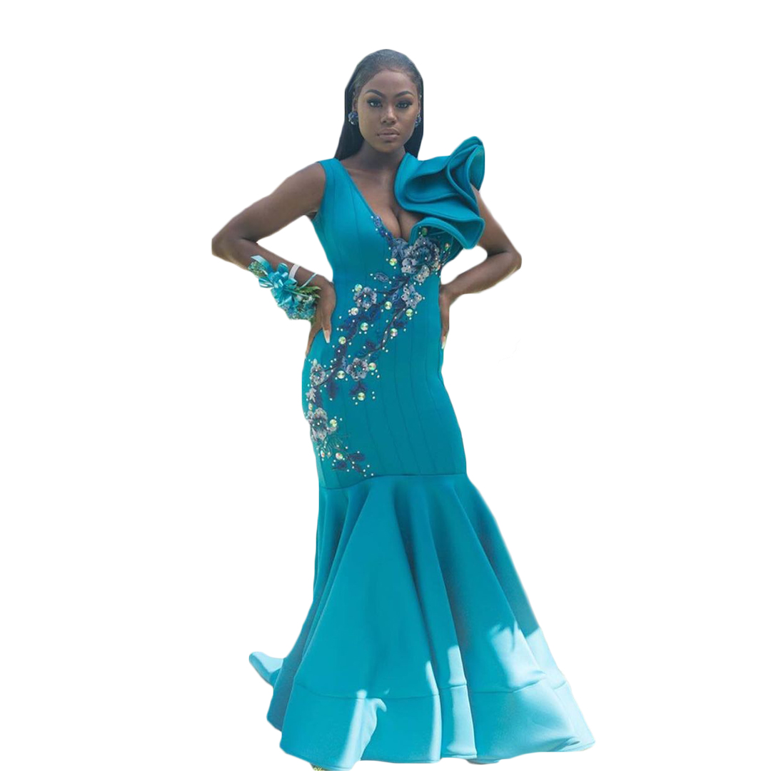 

2021 Elegant Evening Dress V Neck Lace Appliques Long Formal Mermaid Women Prom Party Gowns Custom Made Flower vestidos de fiesta Celebrity Dresses, Khaki