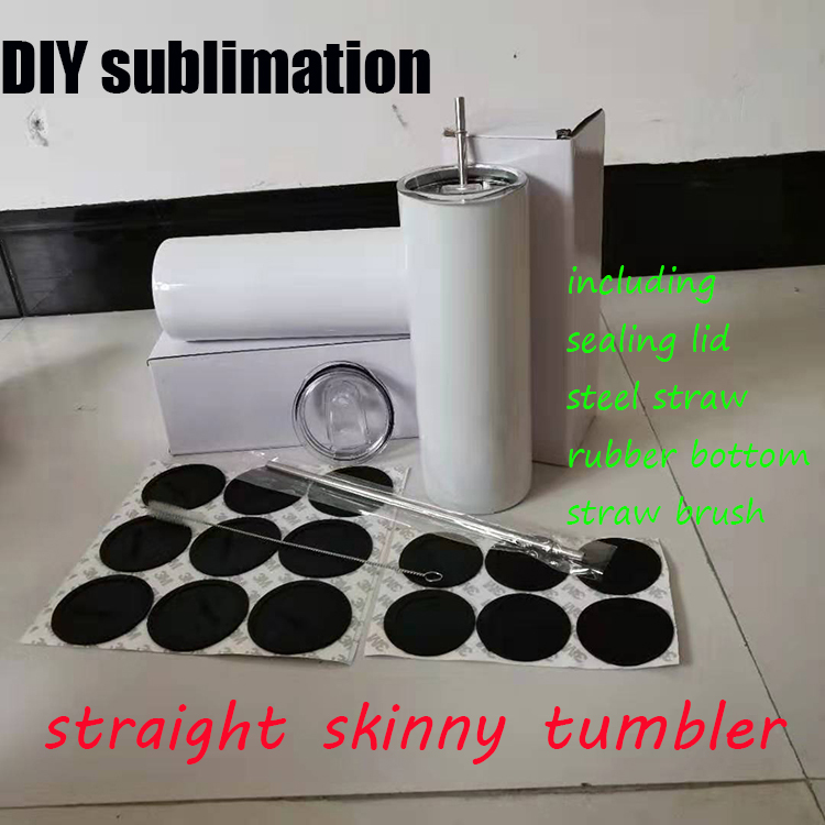 

20oz Sublimation straight tumblers blank Skinny tumbler With metal Straws rubber bottoms brush Stainless Steel Water Bottle Double wall Vacuum Insulated Cups, White