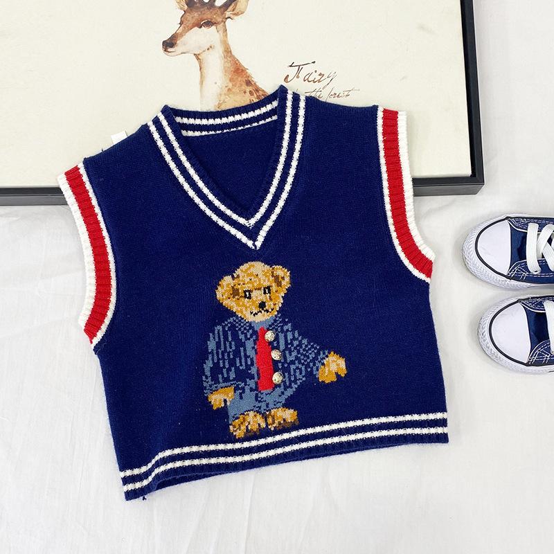 

Spring Autumn Girls Boys Cute Cartoon Bear Knitting Sweaters Vest Pullover, Blue